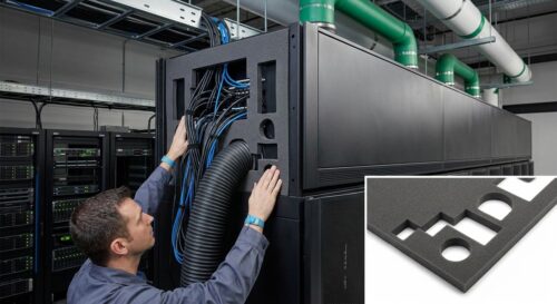 Precision die-cut foam insulation gasket from CGR Products being installed on a data center server enclosure for airflow management.